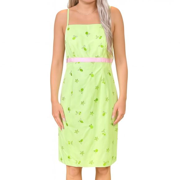 90s Vintage LILLY PULITZER Green Pink Eyelet Bow Back Dress - Picture 1 of 9